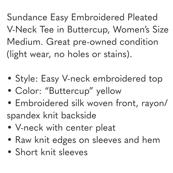SUNDANCE Embroidered Pleat V-Neck Tee Buttercup Silk Cotton Butter Yellow M 6 8 - Picture 4 of 8